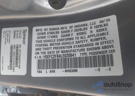 2020 Honda Civic Sport from USA, damaged, VIN 19XFC2F84LE020841